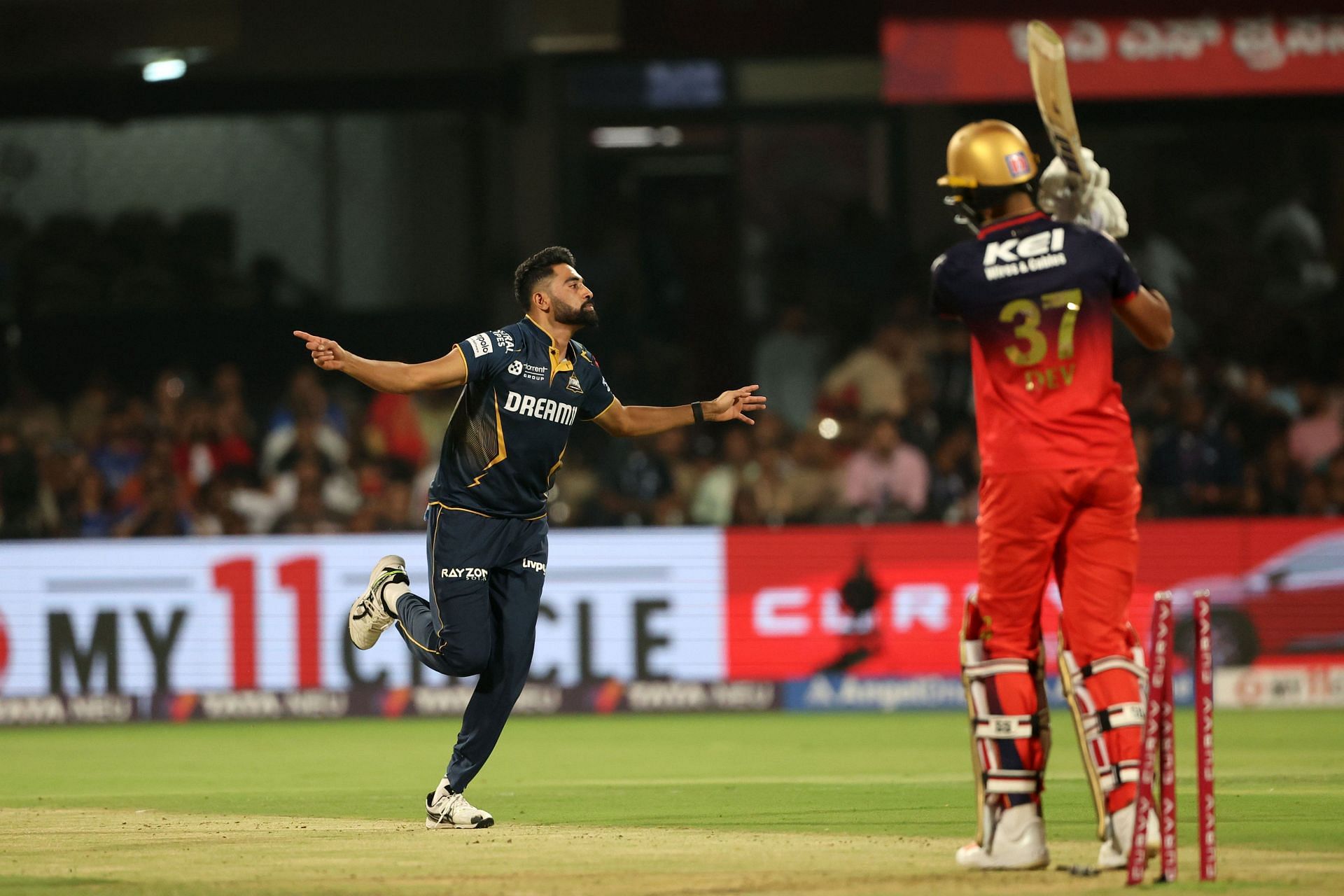 Mohammed Siraj celebrates RCB batter Devdutt Padikkal's wicket. (Credits: IPL/ X)